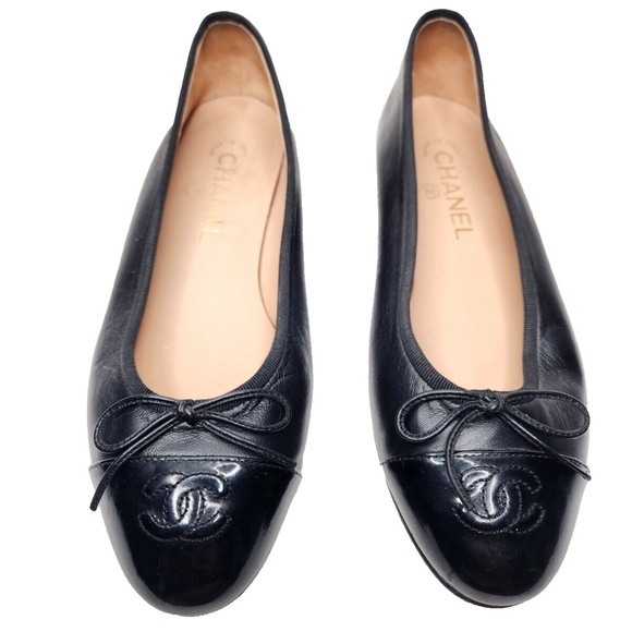 CHANEL Black Cambon Leather Ballet Flats Bow CC Logo Classic Ballerina Size 37.5 - Picture 1 of 15